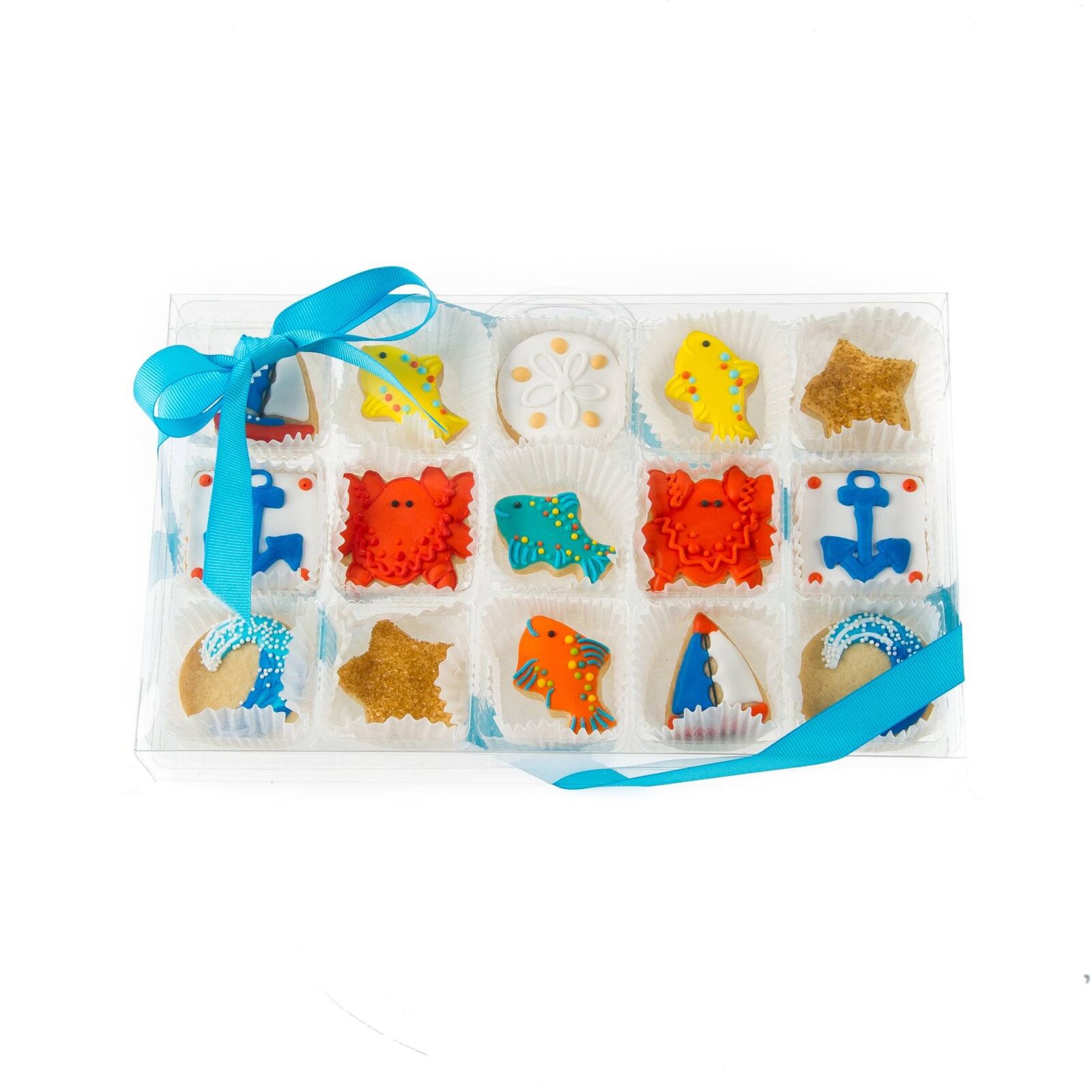 Mini galletas de azúcar glaseadas con temática náutica - Caja de regalo transparente de 15 unidades