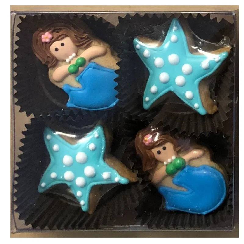 Mini galletas de azúcar glaseadas con forma de sirena - Caja de regalo transparente de 4 unidades
