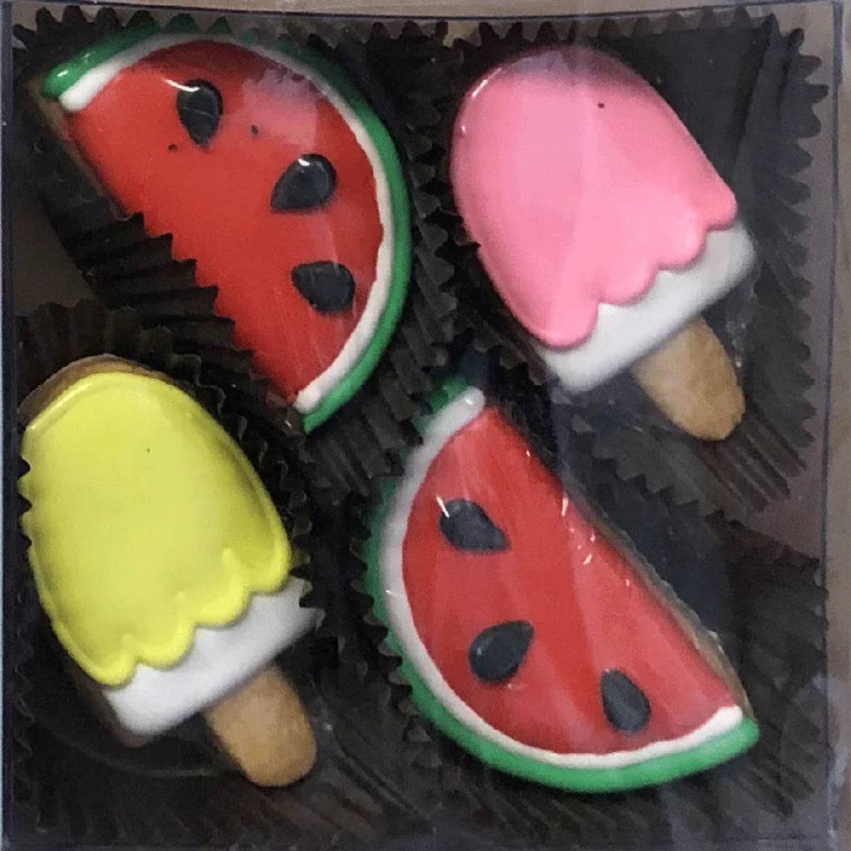 Mini galletas de azúcar glaseadas "Diversión de verano" - Caja de regalo transparente de 4 unidades