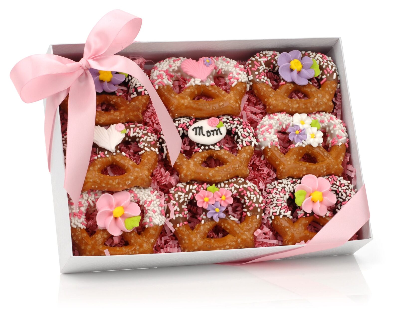 Pretzels retorcidos bañados en chocolate para el Día de la Madre, caja de regalo de 9 unidades