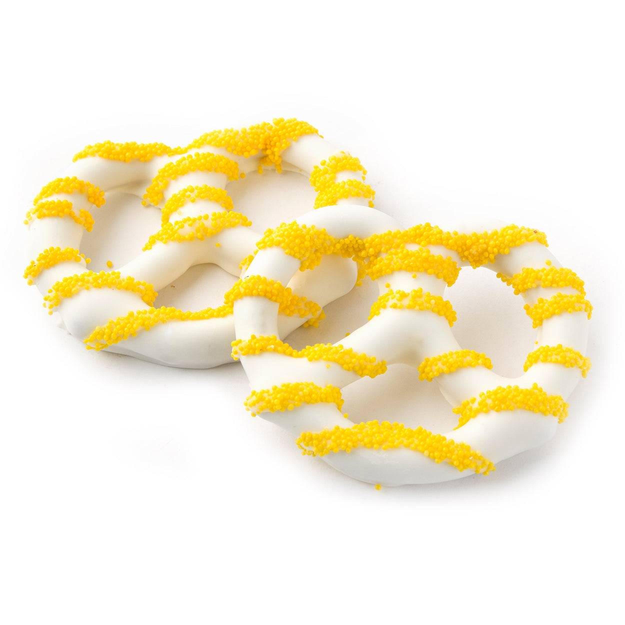 Pretzels cubiertos de chocolate con grageas amarillas - 96 unidades