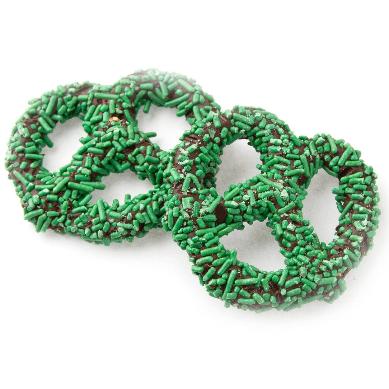 Pretzels cubiertos de chocolate con chispas verdes - 96 unidades