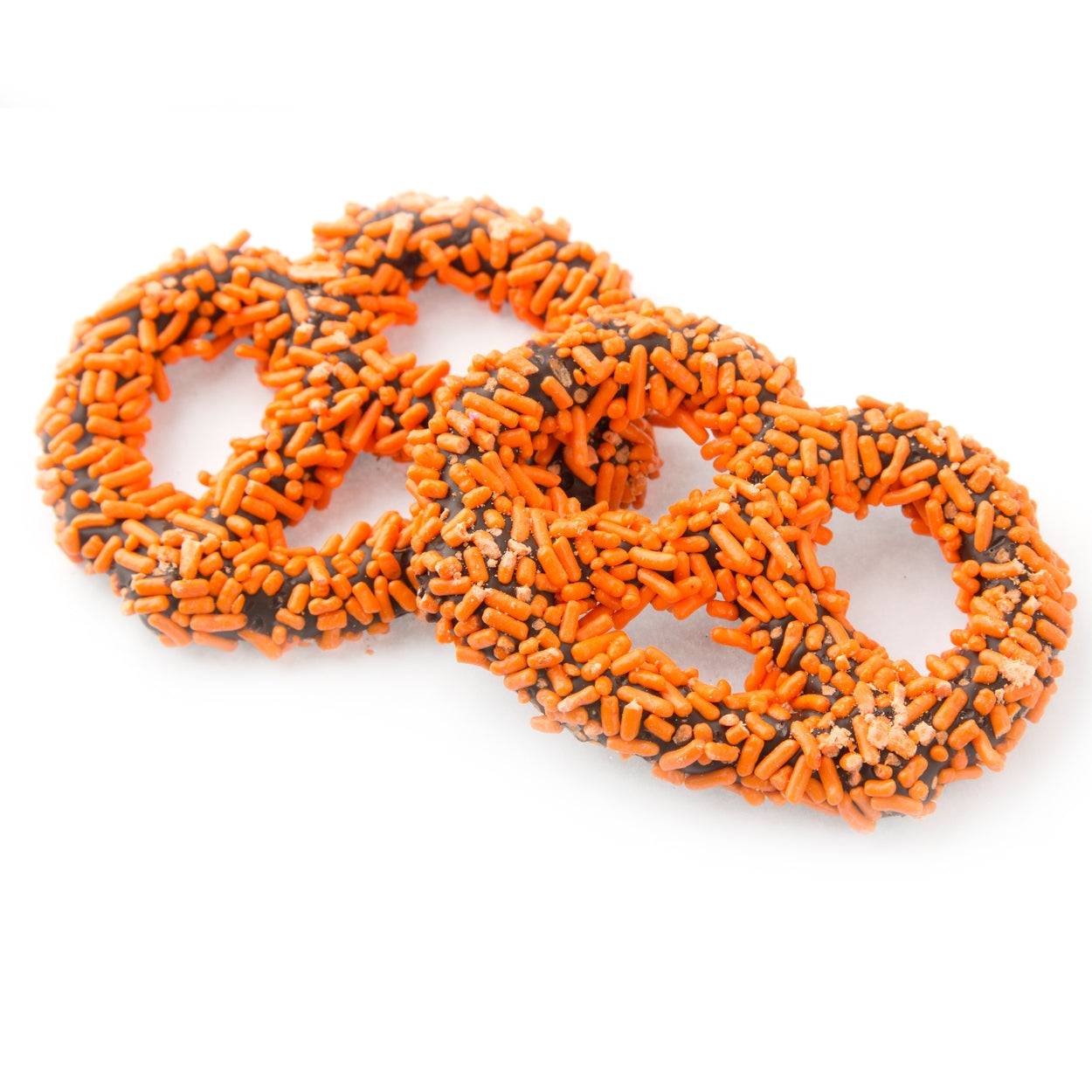 Pretzels cubiertos de chocolate con chispas de naranja - 96 unidades