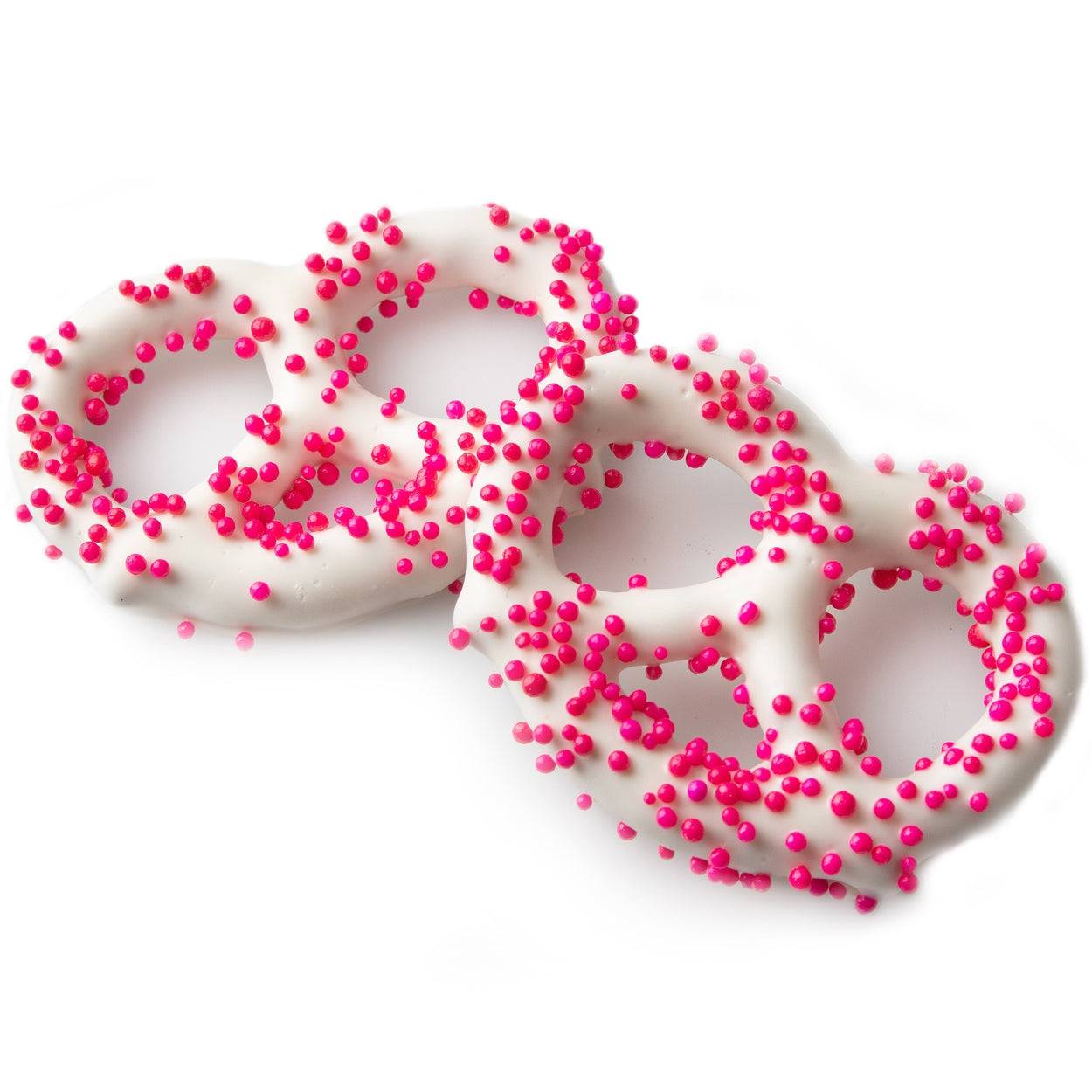 Pretzels cubiertos de chocolate con perlas rosas - 96 unidades