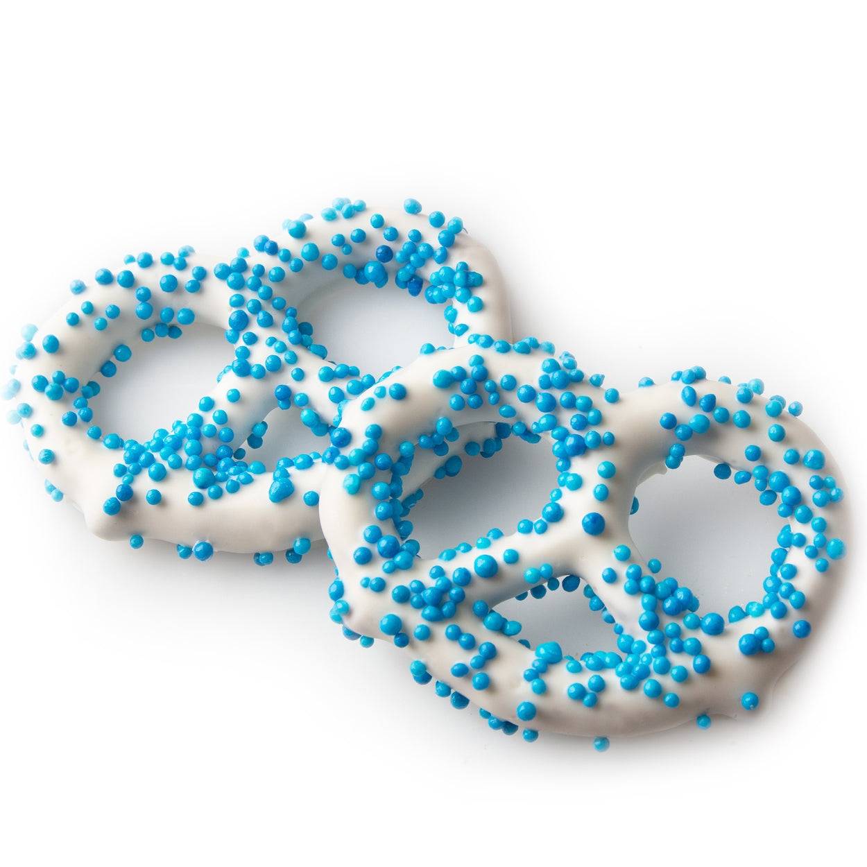 Pretzels cubiertos de chocolate con perlas azules - 96 unidades