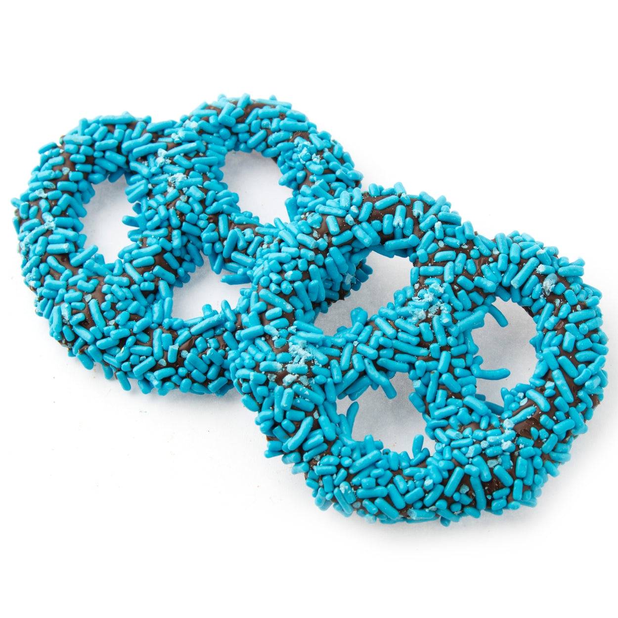 Pretzels cubiertos de chocolate con chispas azules - 96 unidades
