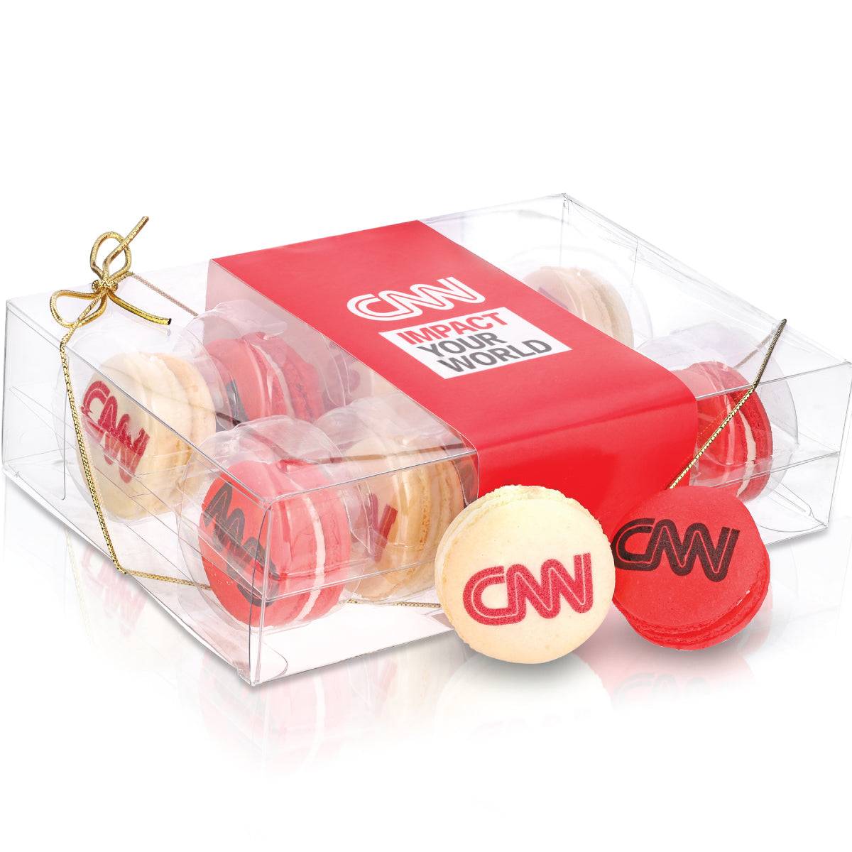 Caja de regalo de acetato transparente con estampado de macarons (10 unidades) con opción de funda personalizada con la marca.