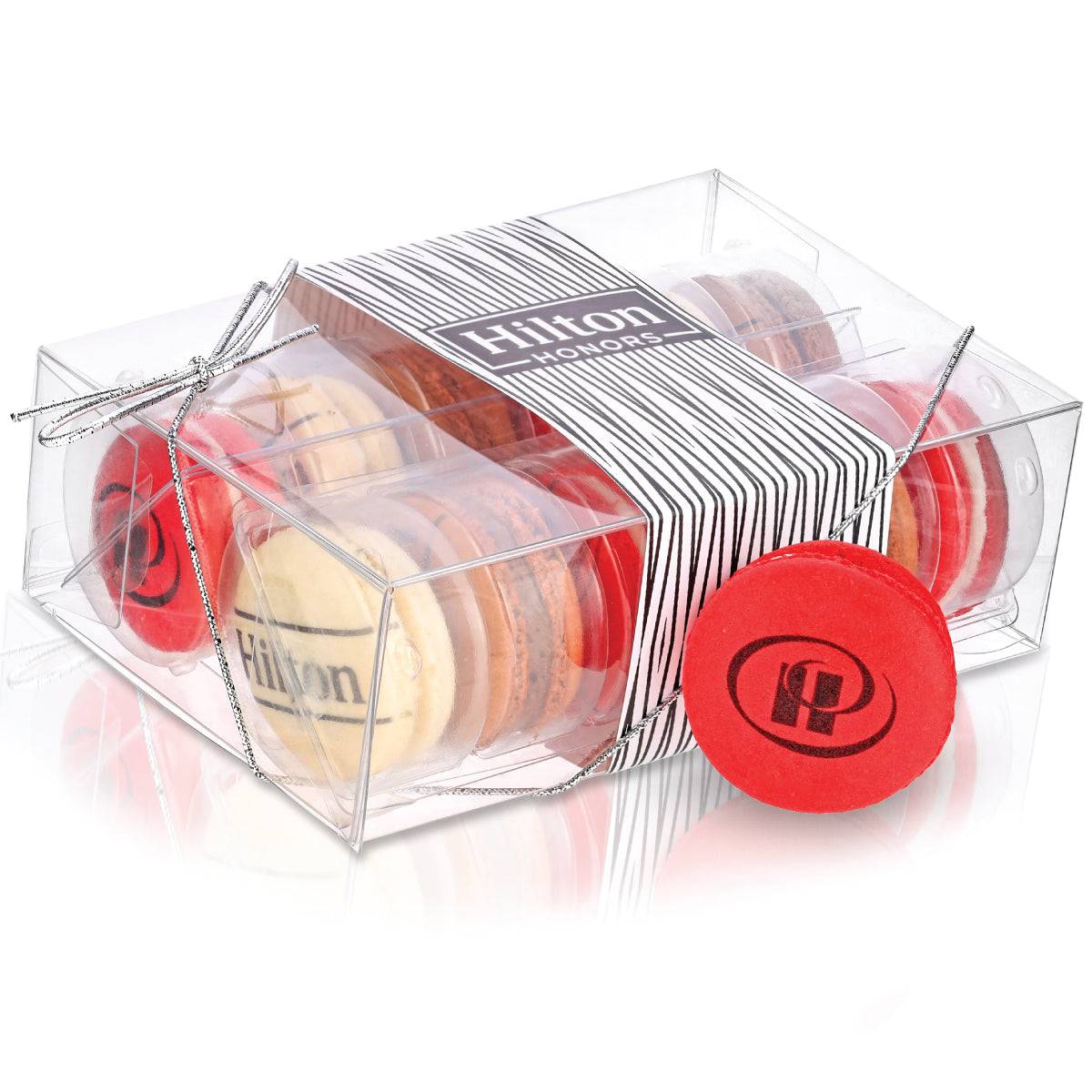 Caja de regalo de acetato transparente con estampado de macarons (12 unidades) con opción de funda personalizada con la marca.