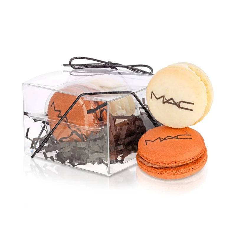 Caja de regalo de acetato transparente con estampado de macarons (2 unidades) con inserto - Opción de funda personalizada con la marca