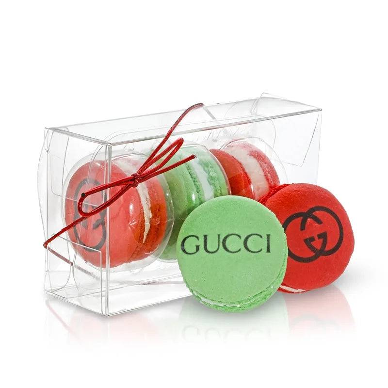 Caja de regalo de acetato transparente con estampado de macarons (3 unidades) con opción de funda personalizada con la marca.