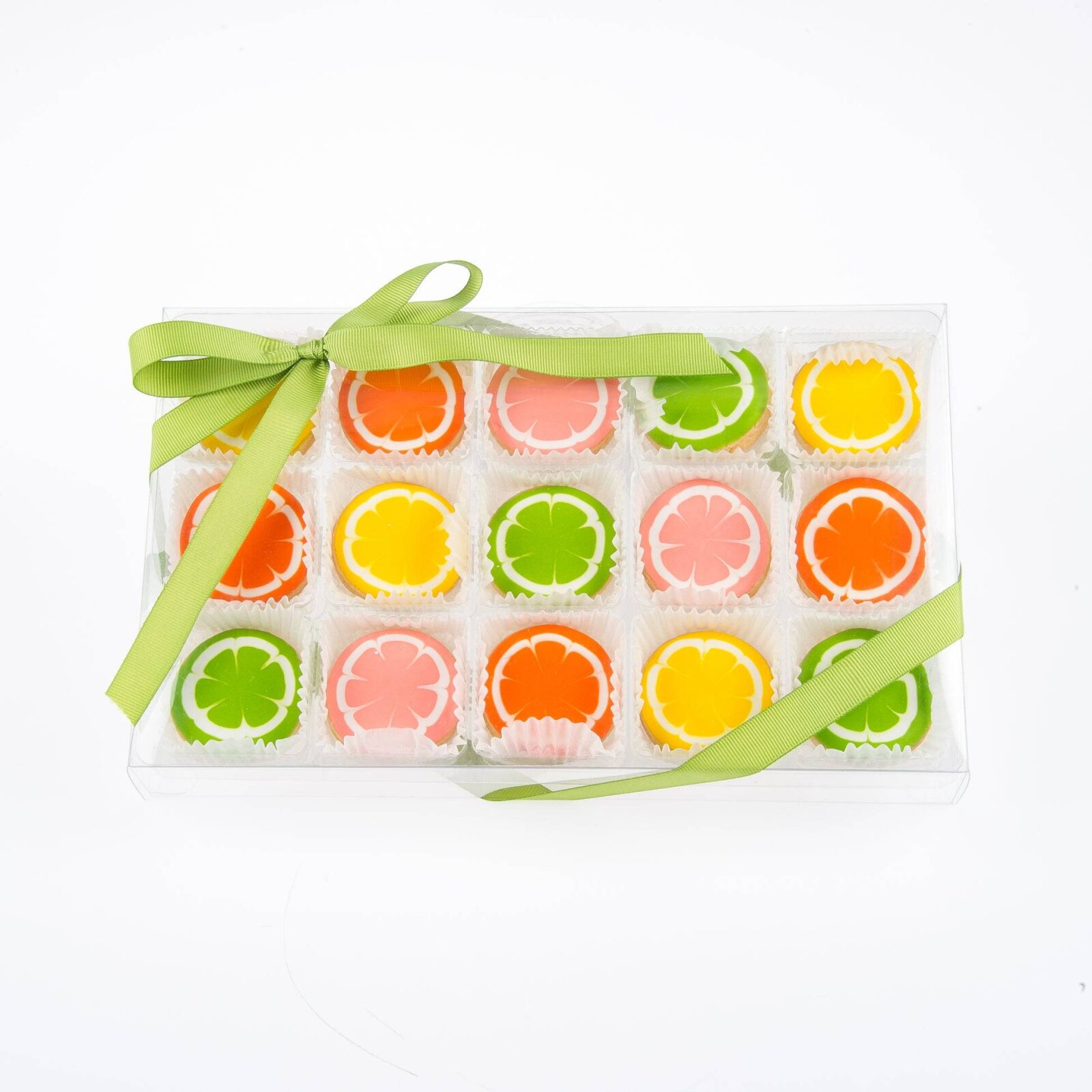 Mini galletas de azúcar glaseadas con cítricos - Caja de regalo transparente de 15 unidades