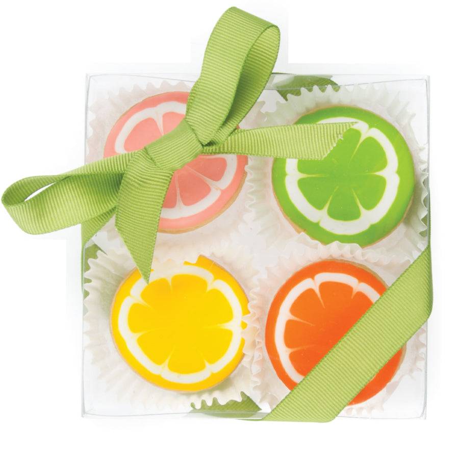 Mini galletas de azúcar glaseadas con cítricos - Caja de regalo transparente de 4 unidades