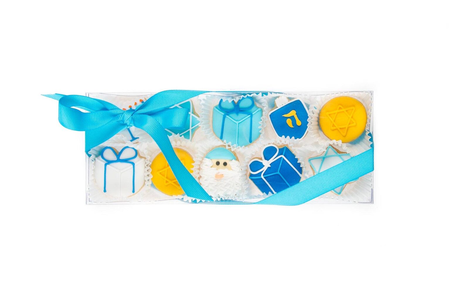 Mini galletas de azúcar glaseadas para Hanukkah - Caja de regalo transparente de 10 unidades