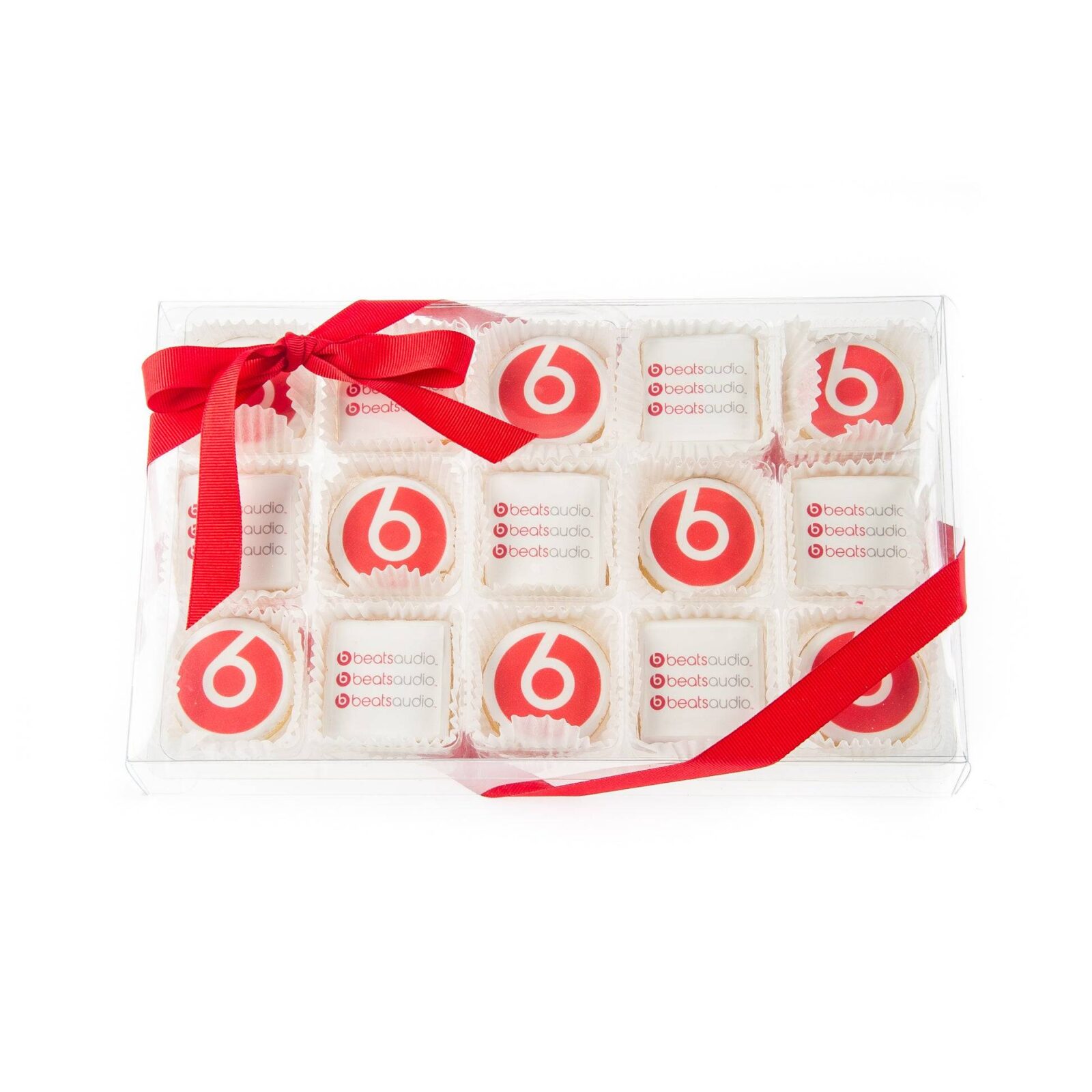 Mini galletas de azúcar glaseadas con logo - Caja de regalo transparente de 15 unidades