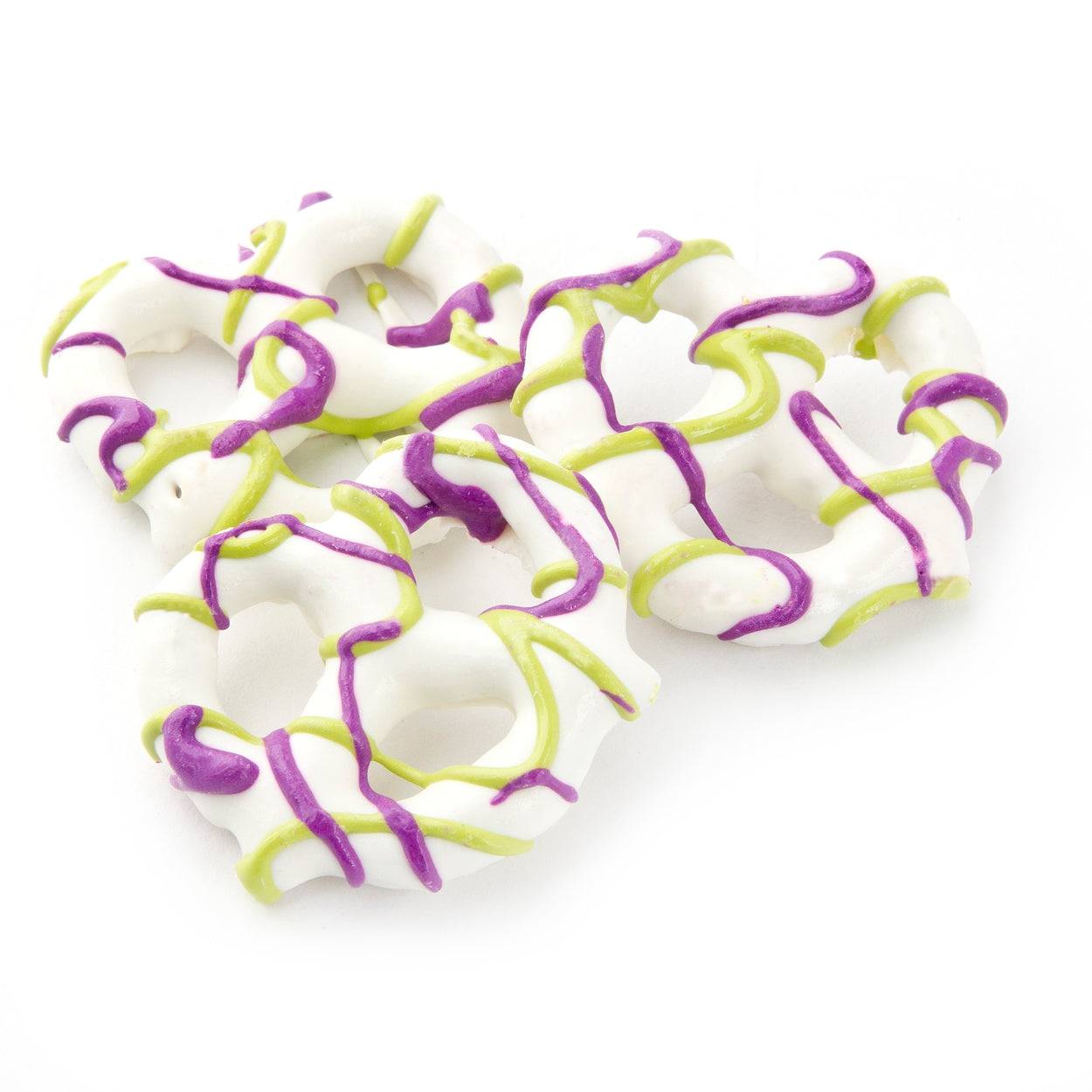 Pretzels cubiertos de chocolate Mardi Gras - 96 unidades