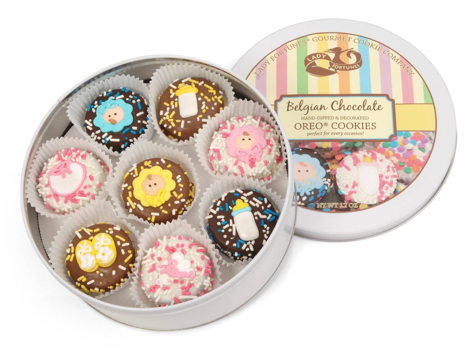 Galletas sándwich New Baby bañadas y decoradas a mano - Lata de 16 unidades
