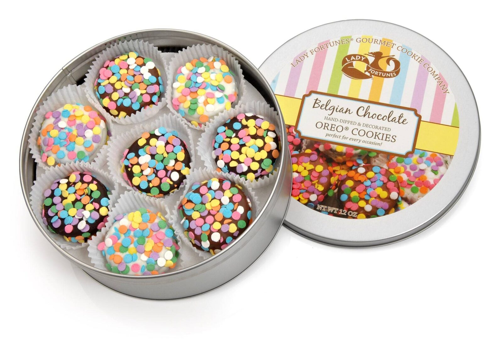 Galletas sándwich bañadas y decoradas a mano con confeti - Lata de 16 unidades