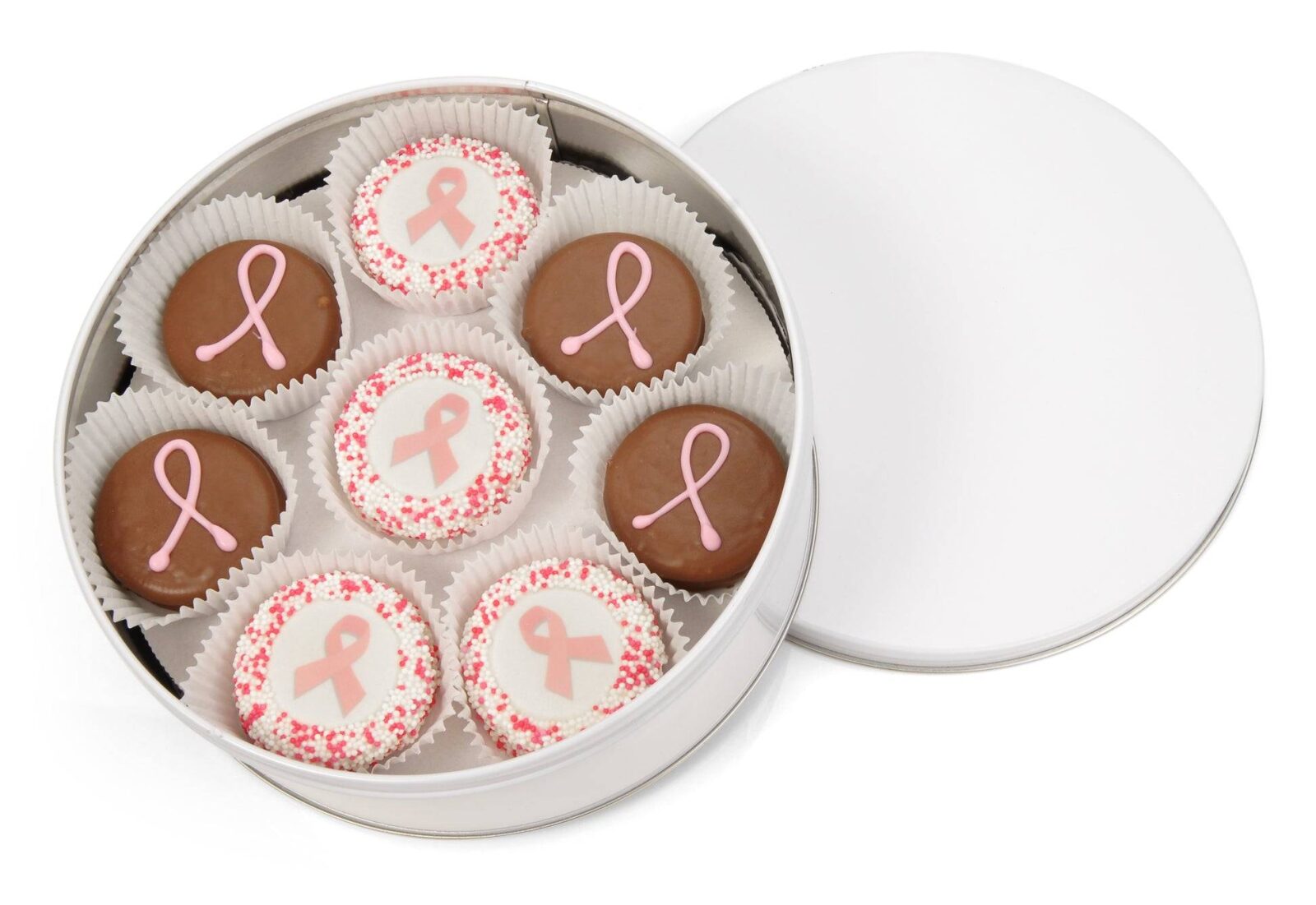 Galletas sándwich decoradas y bañadas a mano con cinta rosa - Lata de 16 unidades