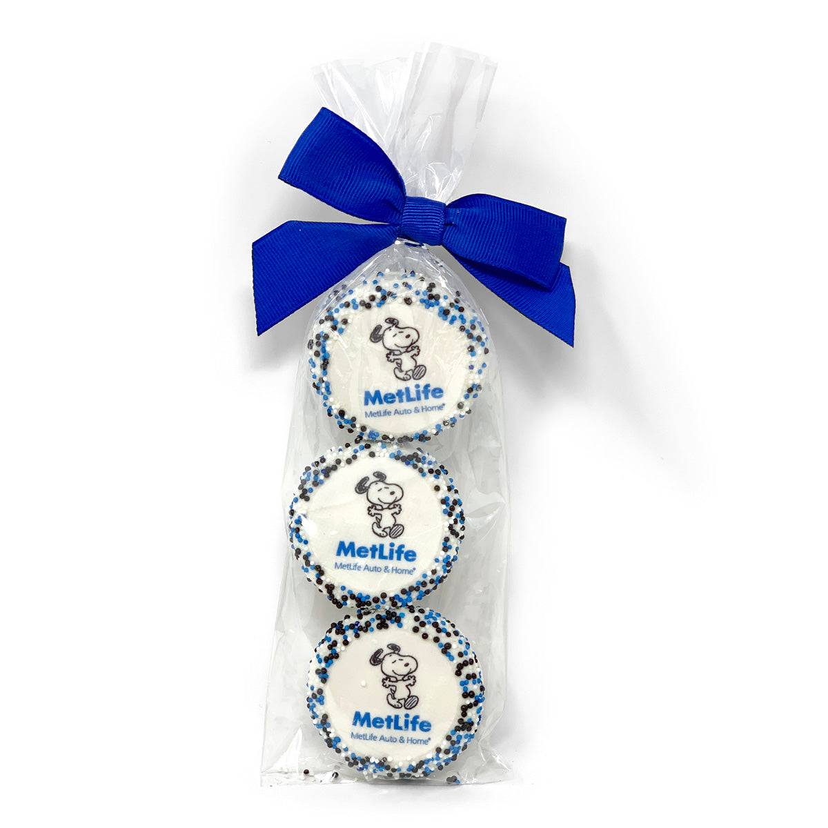 Galleta sándwich con logo, bañada y decorada a mano - Bolsa de celofán de 3 unidades