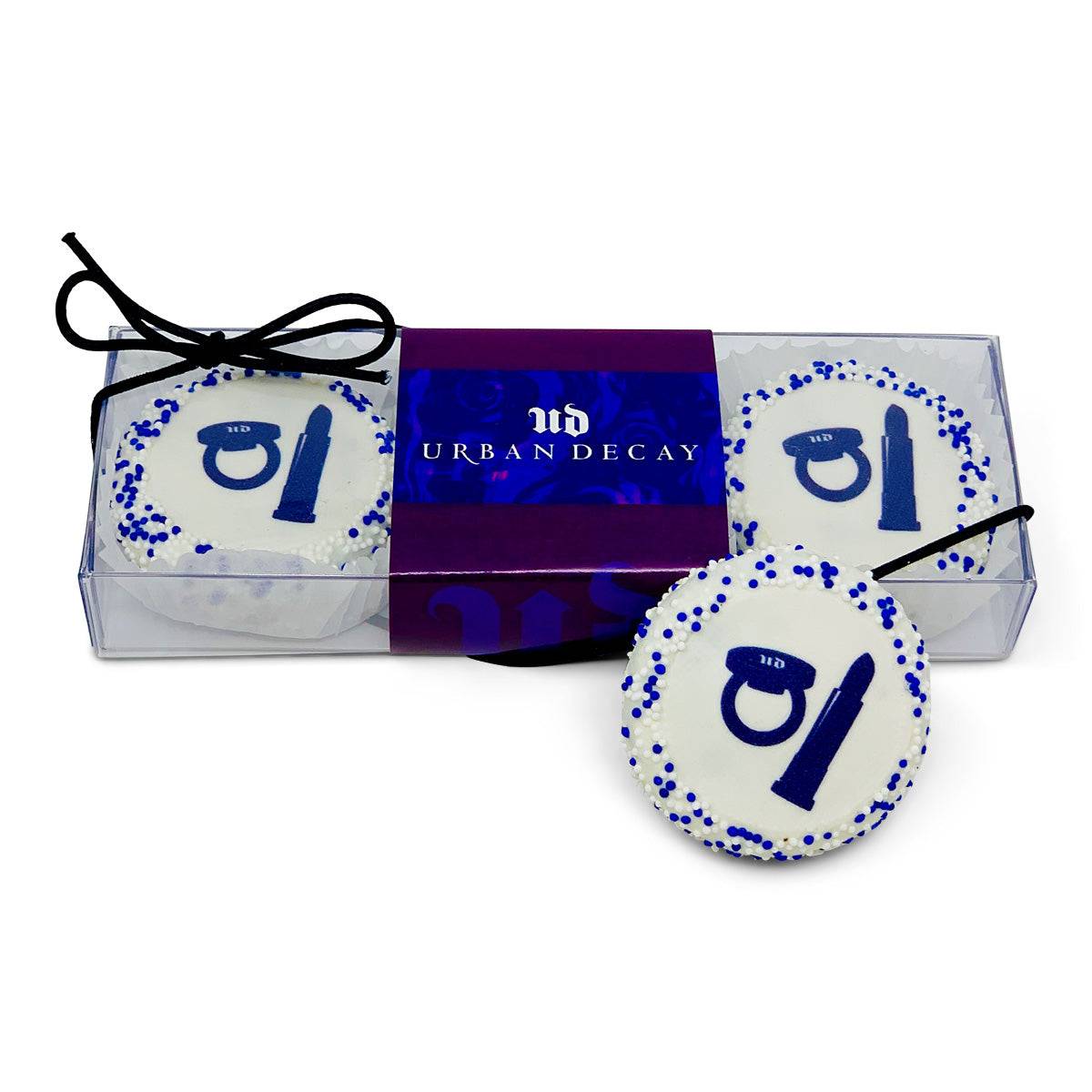 Galleta sándwich decorada y bañada a mano con logo - Caja de regalo transparente de 3 unidades con opción de funda