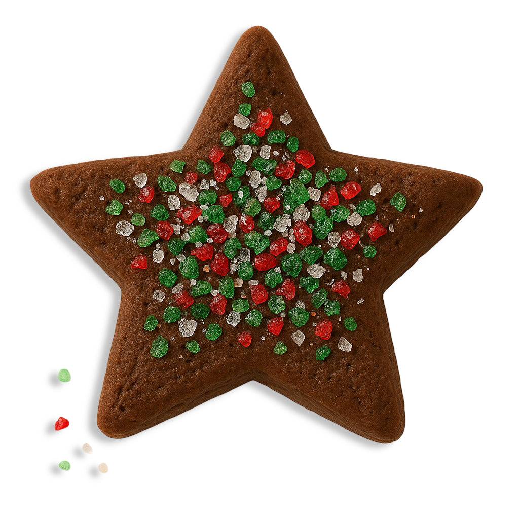 Galleta de cacao en forma de estrella de 5 cm (2 pulgadas) - Cristales de azúcar rojos, blancos y verdes