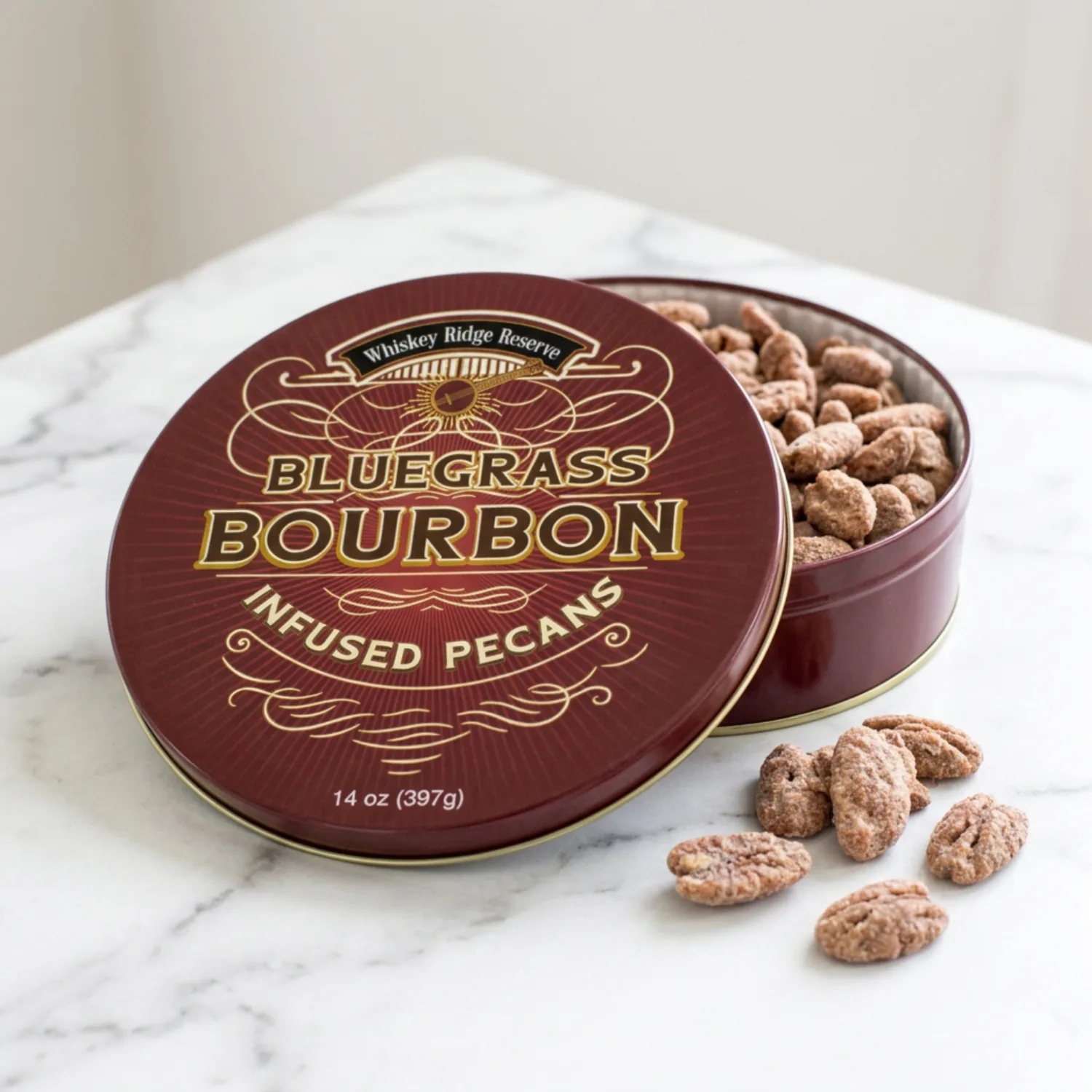 Lata de nueces pecanas con bourbon de 14 oz.